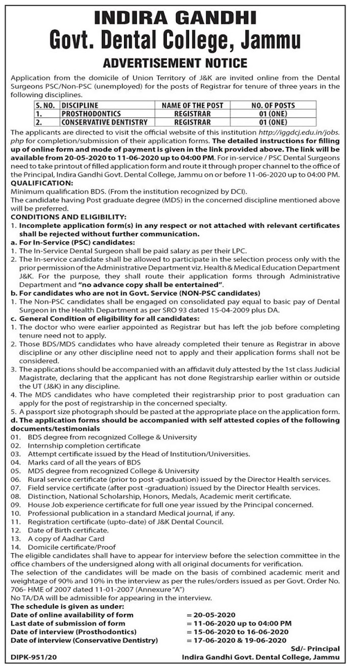 INDIRA GANDHI GOVT DENTAL COLLEGE ADVERTISEMENT 2020