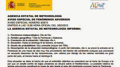 Aviso especial ola de frío España, AEMET