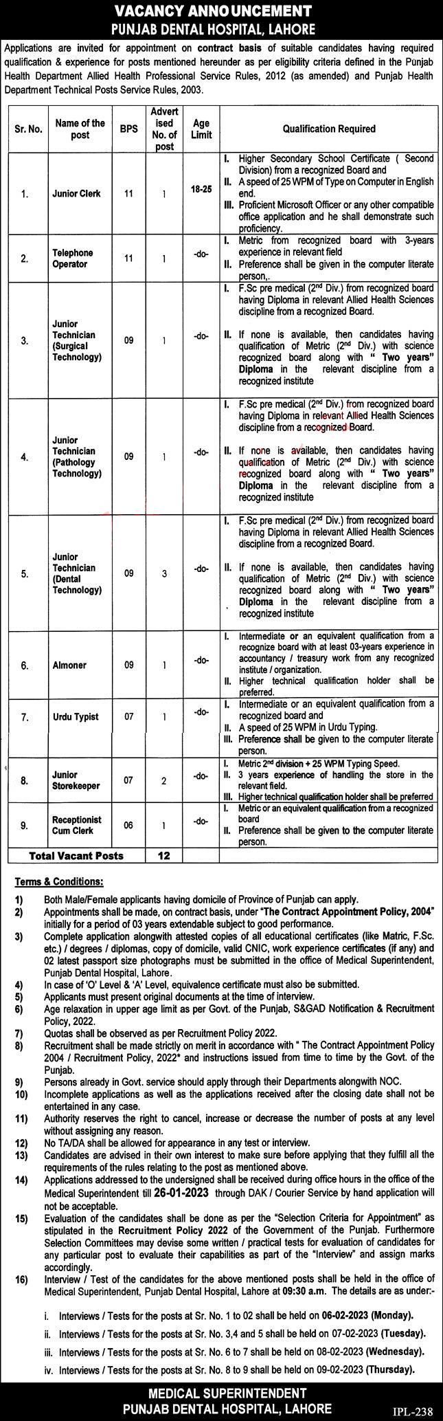 Vacancy Announcement Punjab Dental Hospital Jobs 2023