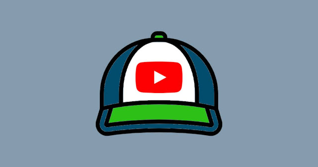 Illustrated blue, green and white baseball cap with the YouTube logo on the front, with a soft-blue background.