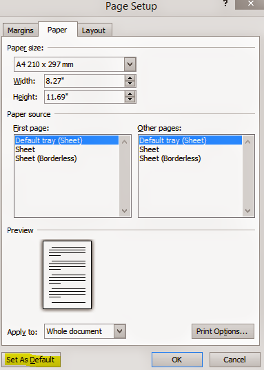 MS Word 2010 Page Setup Dialogue Box