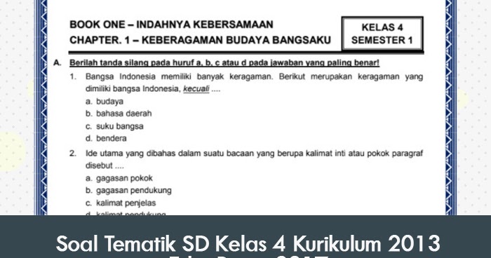 Soal Tematik SD Kelas 4 Kurikulum 2013 Edisi Revisi 2017  Administrasi Kurikulum 2013