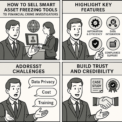 Four-panel comic titled "Selling Smart Asset Freezing Tools to Financial Crime Investigators." Panel 1: A man explains the importance of selling these tools to a woman investigator. Panel 2: He points to icons labeled "Automation & Efficiency," "Data Integration," and "Compliance Support." Panel 3: He addresses challenges like "Data Privacy," "Cost," and "Training." Panel 4: He gestures toward a handshake and symbols of a case study and certification, representing building trust and credibility.