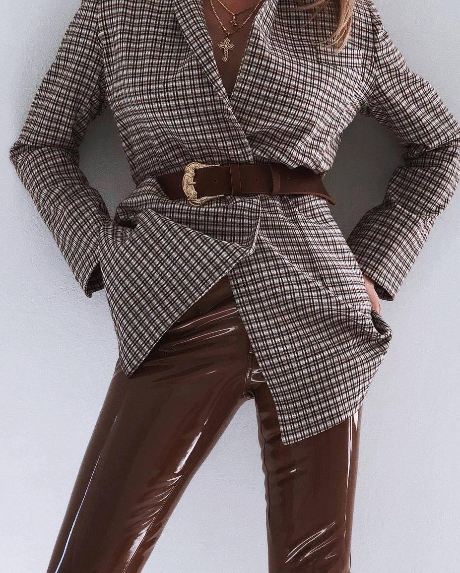 fashion trends | plaid blazer + belt + brown leather pants