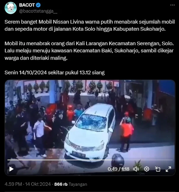 Serem banget Mobil Nissan Livina warna putih menabrak sejumlah mobil Serem banget Mobil Livina putih di Solo menabrak sejumlah mobil, motor, hingga anak kecil, pelaku ternyata mahasiswa yang mau ke kampus