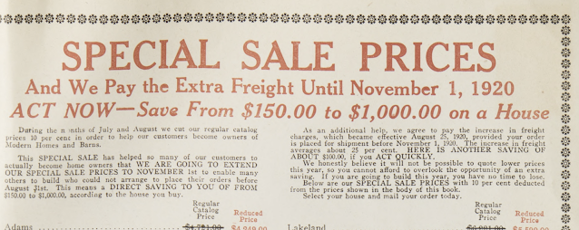 catalog page mention of Special sale price of the Sears Hazelton kit, in one of the 1920 Sears Modern Homes catalogs