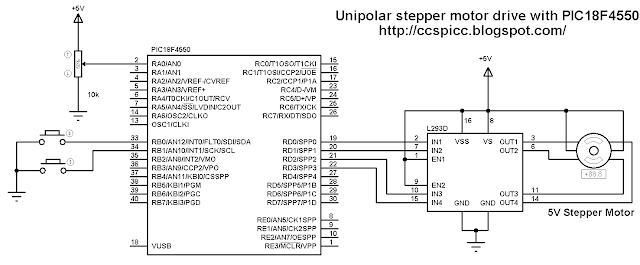 Interfacing unipolar stepper motor with PIC18F4550 L293D circuit CCS PIC C