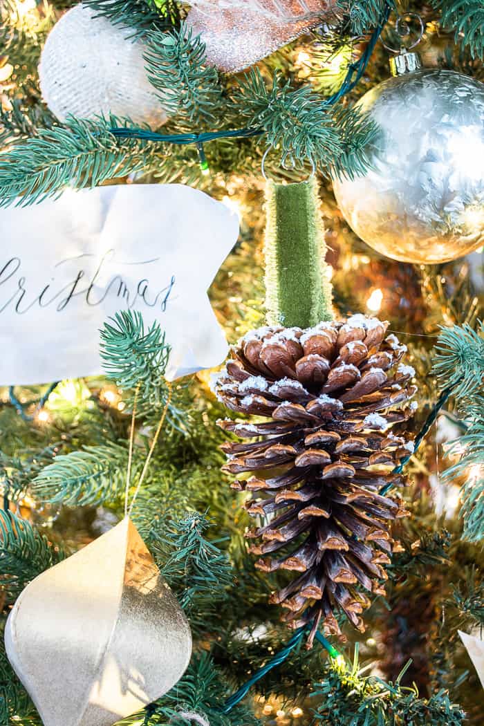 frosted pine cone ornament with velvet hanger