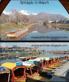 A view of Srinagar's Jhelum river during March and bottom Shikaras at Dal lake Srinagar