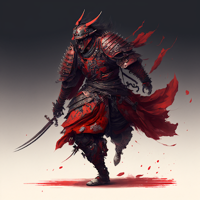 A samurai in red against a plain white background