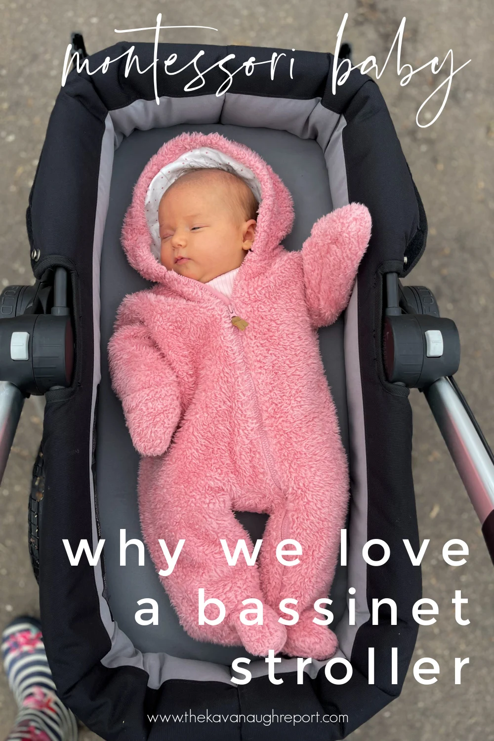 Four reasons we love using a bassinet stroller with our Montessori baby. This is the perfect way to get your baby outside