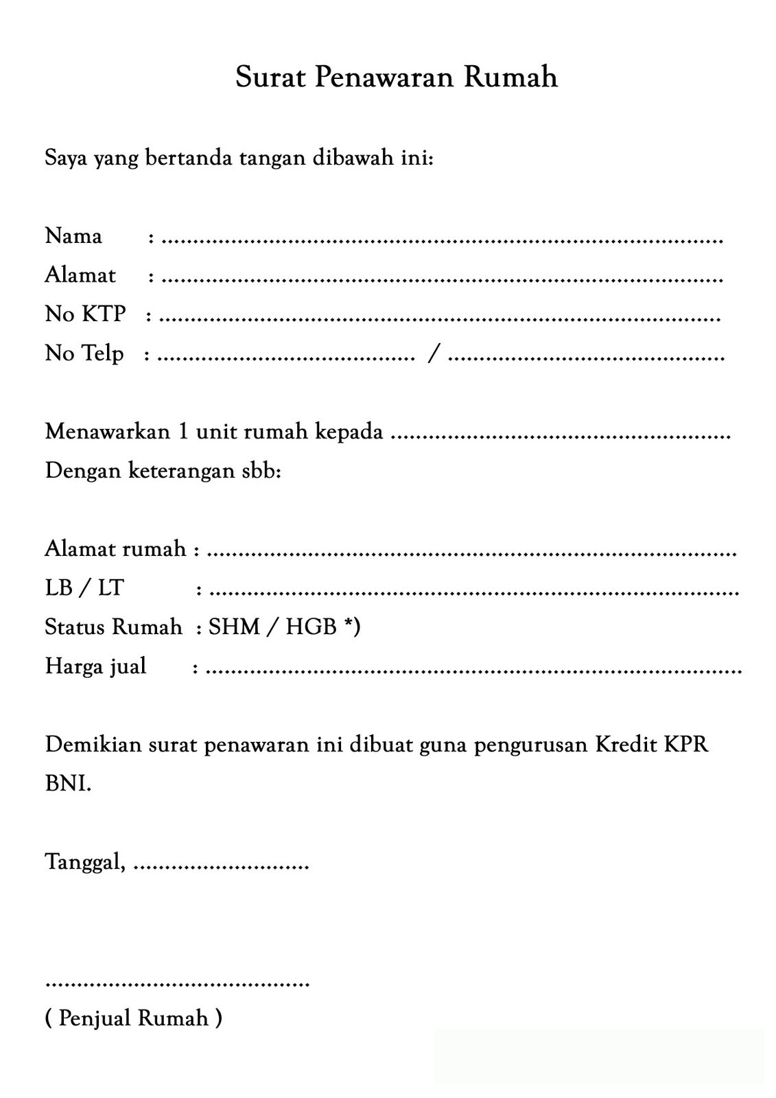 Contoh Surat Penawaran Rumah