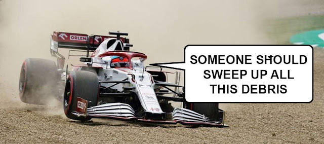 Kimi Raikkonen driving on a gravel run-off area saying "someone should sweep up all this debris"