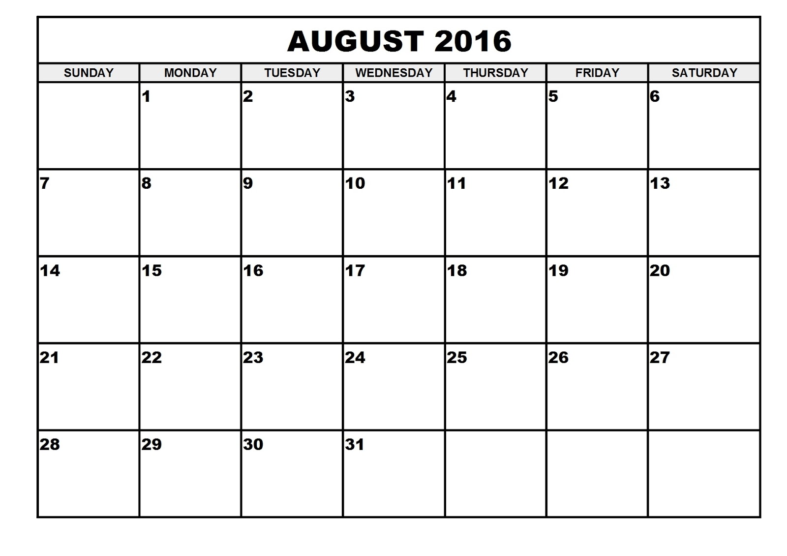 2016 Monthly Blank Calendar: August 2016 Printable Calendar Template