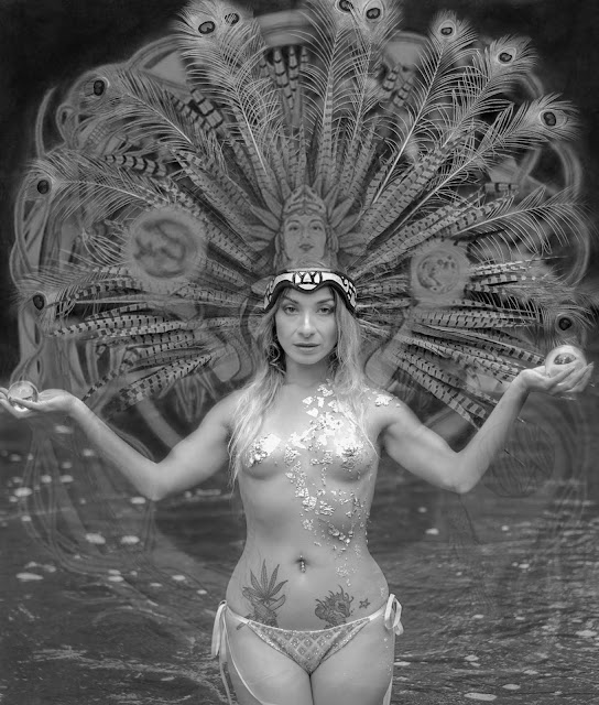 Yvette Marie Ramirez cosplay Aztec Goddess Coatlicue painting by Stephanie Guarjardo