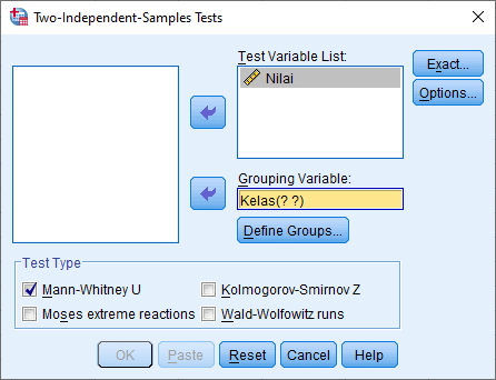 kotak dialog Two-Independent Samples Test