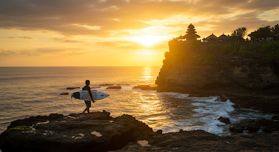 Surfer walking along the cliffs of Uluwatu at sunset with waves crashing below