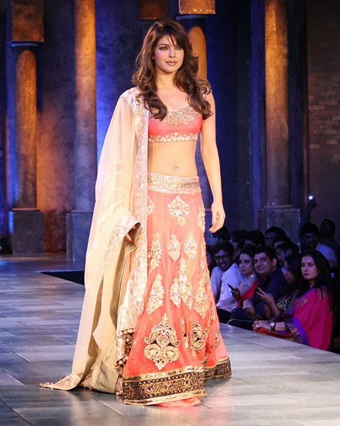 Bollywood Actress Priyanka Chopra Orange/Peach Crepe Silk Designer Lehenga Choli at Mijwan