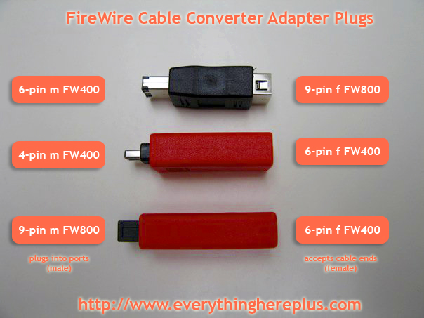 FireWire 800 (6 to 9 pin) (9 to 6 pin), and FireWire 400 (6 to 4 pin) Cable Converter and Adapter Plugs