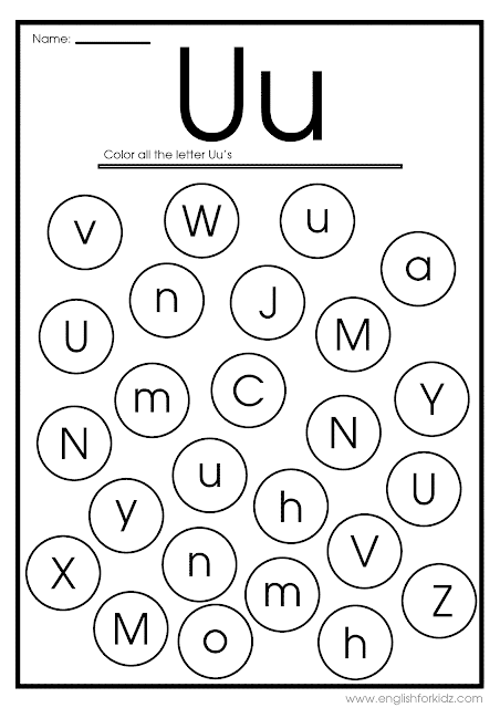 Find letter U worksheet -- printable ESL materials to teach English alphabet