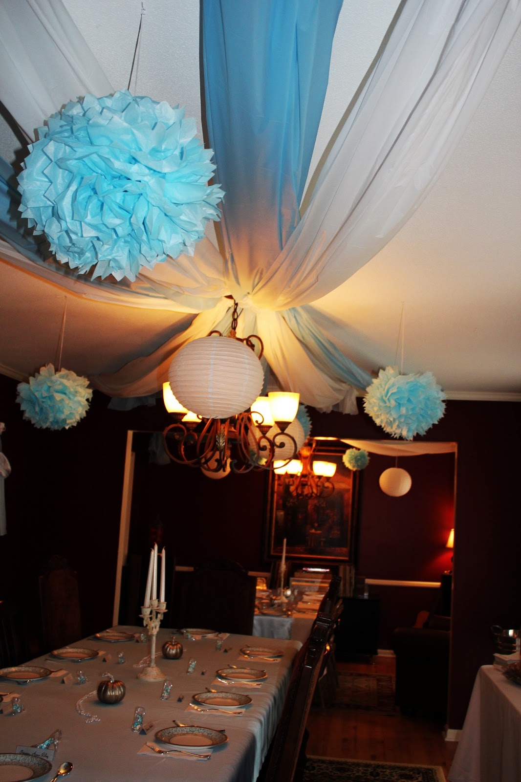 ... the dollar tree on the ceiling. I hung lanterns and tissue balls also