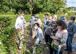 福岡バラ会バラ栽培講習会実習　福岡市植物園バラ園にて　講師・星隈秀雄