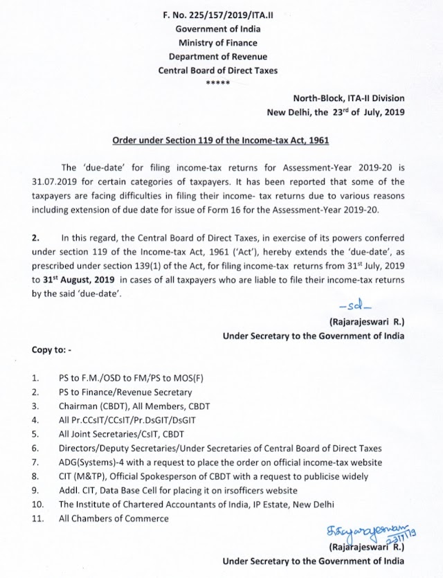 The Central Board of Direct Taxes (CBDT) extends the 'due date' for filing of Income Tax Returns from 31st July, 2019 to 31st August, 2019 in respect of certain categories of taxpayers who were liable to file their Returns by 31.07.2019.