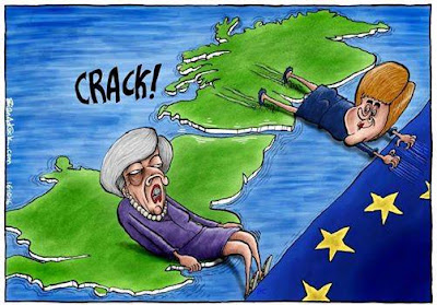 Cartoon : Nicola Sturgeon pulling Scotland towards Europe, Theresa May pushing England away from Europe