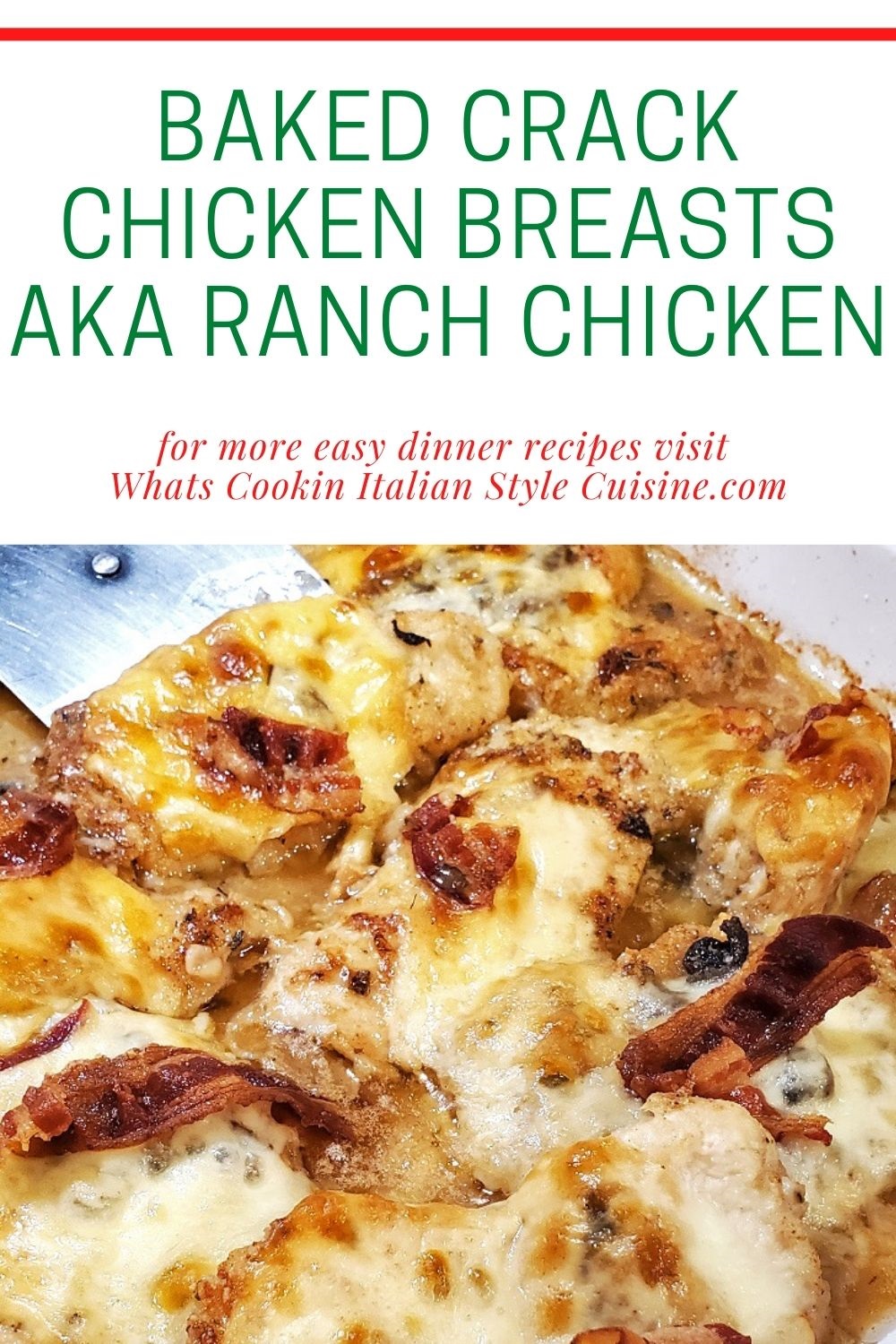 this is a pin for later on how to make baked chicken breast with bacon, ranch and melted cheese