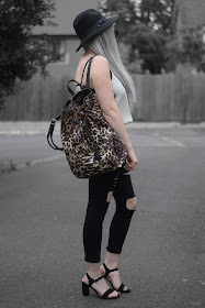 Sammi Jackson - Black Primark Fedora / Zaful Sunglasses / Topshop Chiffon Cami / ASOS Ripped Jeans / Everything5pounds Leopard Rucksack / Primark Sandals 