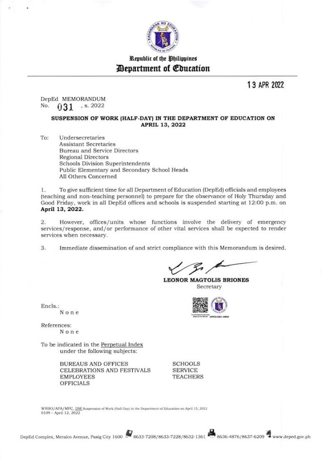 Suspension of Work (Half-Day) in the Department of Education on April 13, 2022