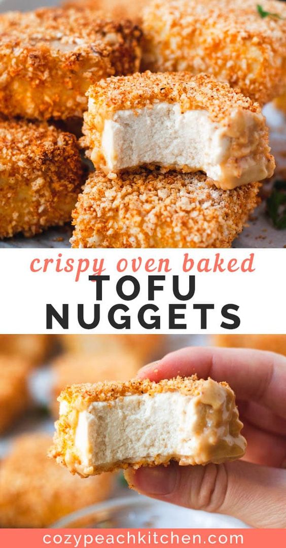These crispy baked tofu nuggets are made with panko breadcrumbs and are oil-free. They're easy to make and perfect as an appetizer or healthy party recipe. #vegan #tofurecipes #tofu