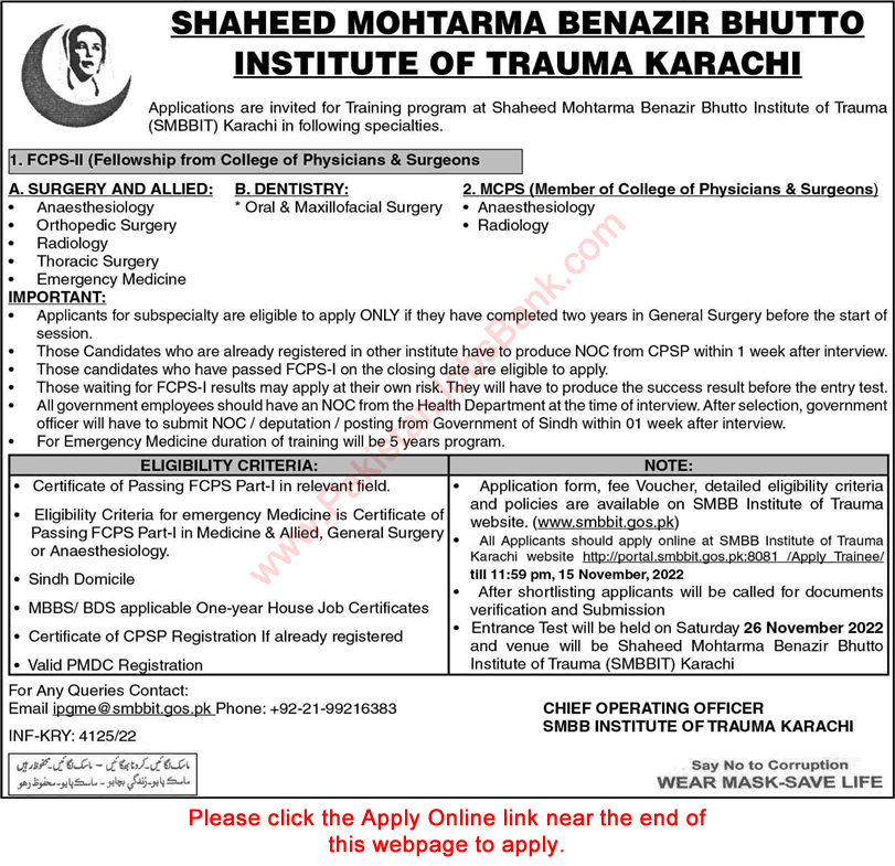 SMBB-Institute-of-Trauma-Karachi-FCPS-MCPS-Postgraduate-Training-2022-October-November-Apply-Online