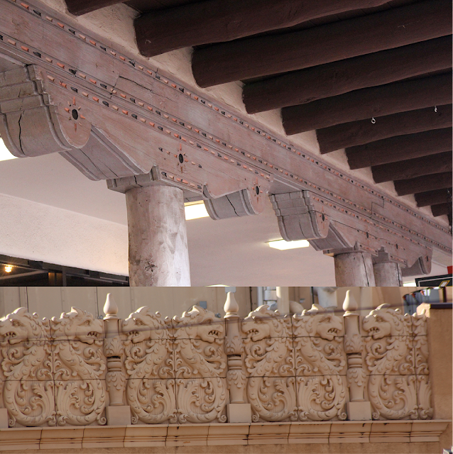 Decorative ceiling beam and wall bricks.