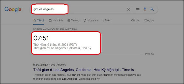 Việt Nam thuộc múi giờ số 7 (GMT +7) nên giờ của nước ta sẽ đi trước giờ GMT là 7 giờ.  Ví dụ: Tính giờ của Việt Nam.  To là 3 giờ 25 phút  M của Việt Nam là +7 Vậy thì Tm= 3 giờ 25 phút + 7 giờ. Kết quả nếu tại Anh là 3 giờ 25 phút, thì giờ tại Việt Nam sẽ là 10 giờ 25 phút.  V. Công cụ tính múi giờ online 1. Sử dụng Google Bạn truy cập vào trang chủ Google và gõ vào ô tìm kiếm.  Ví dụ: bạn muốn tìm giờ Los Angeles thì gõ "giờ Los Angeles" và nhấn Enter.