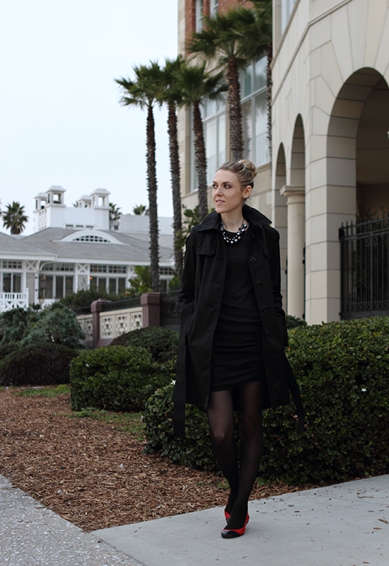 The Wind of Inspiration Outfit of the Day  Post – “With A Touch Of Christmas” (DKNY Coat Quilted Trench Raincoat, Moda International Ruched Cotton Sweaterdress, All Black Women's Snake Cap Ballet Flats, Michael Kors Charlton Crossbody Bag, Fabco Shoes Necklace, Kenneth Cole New York Watch, American Apparel Cameo Blue Nail Polish)