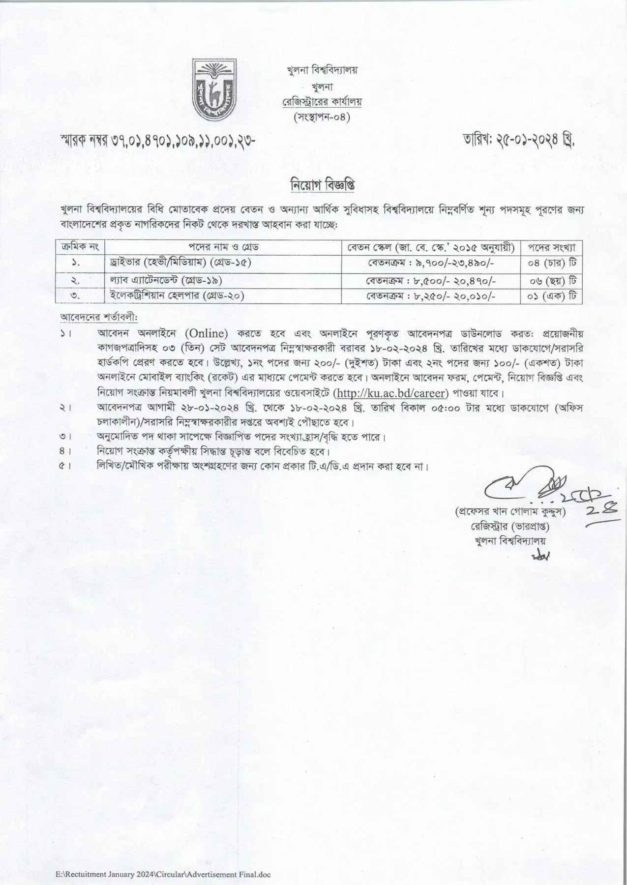 Khulna University Job Circular 2024 pdf