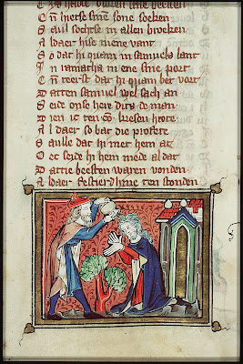 Saul is Anointed King by Samuel.  Michiel van der Borch, 1332, Illumination on vellum.