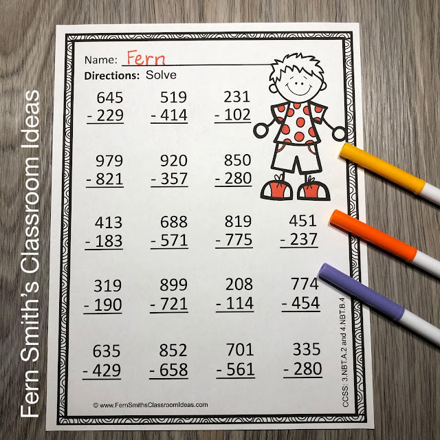Teaching How to Use Place Value to Subtract Including Lesson Plans, Centers, Task Cards, Color By Numbers & More Resources. #FernSmithsClassroomIdeas
