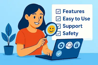 Side hustler reviewing AI tool features, usability, support, and security with a checklist.