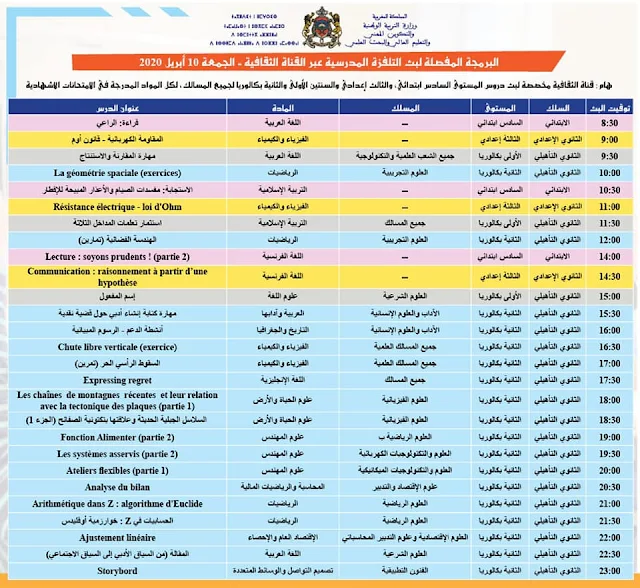 الجمعة 10 أبريل 2020 - البرمجة المفصلة لبث دروس التلفزة المدرسية 