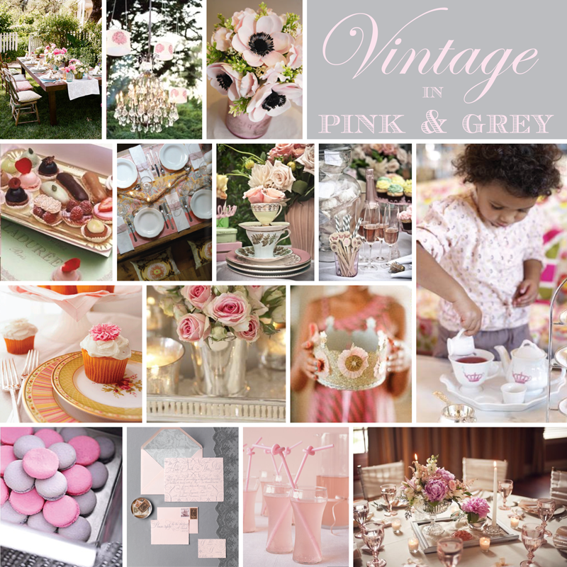 custom inspiration board vintage pink grey tea party