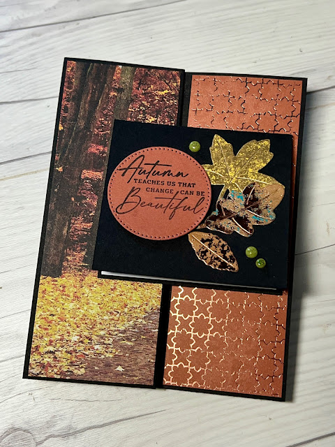 Fall-themed greeting card using All About Autumn Specialty Designer Series Paper from Stampin' Up!