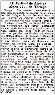 XII Festival de Ajedrez Tarrega 1977 en La Vanguardia