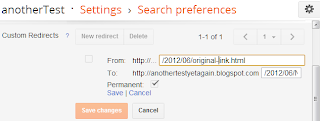 picture of the Settings > Search Preferences > add re-direction settings screen in Google's Blogger tool