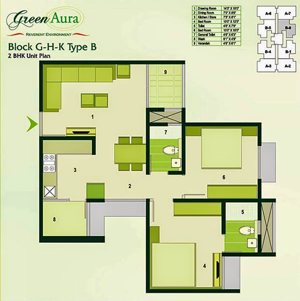 Green Aura 2 BHK Unit Plan