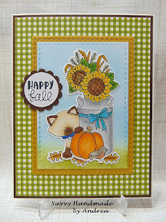 Happy fall by Andrea W. features Paw-tumn Newton by Newton's Nook Designs; #inkypaws, #newtonsnook, #catcards, #cardmaking, #sunflowercards, #autumncards