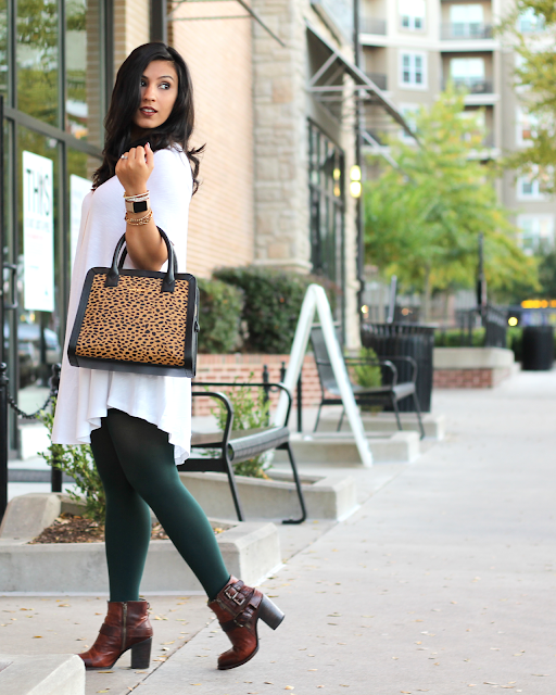 green tights, colored tights, how to wear colored tights, leopard bag, cheetah vera bradley bag, Natalie Crossbody in Cheetah, white tunic, white top, brown lipstick for fall, brown lipstick, buxom lipstick in revealed, freebird boots, fall outfits, fall fashion, fall 2015 fashion, alex and ani, kendra scott, apple watch, fashion apple watch