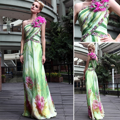 Print One Shoulder Floor Length Dress