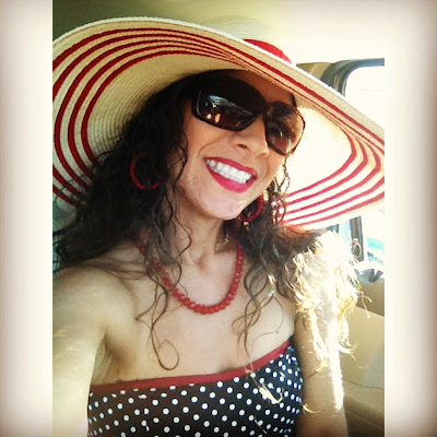 Napa, Polka dotted black, white strapless dress, Ralf Lauren Big Rim Red Striped Hat, Goodwill Haute Couture Fashions, Mamacita Liza Thrifting Like A Boss for Wine Country Casual 